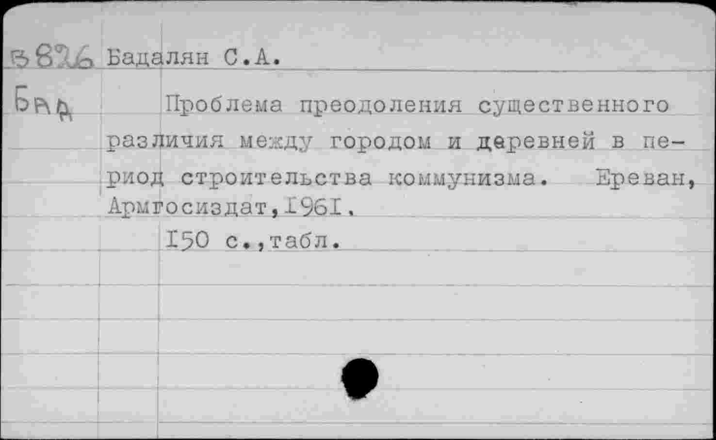 ﻿г^>6 . о Бадалян С.А.		
		Проблема преодоления существенного
	различия между городом и деревней в период строительства коммунизма. Ереван, Армгосиздат, 1%1,	
		
		150 с.,табл.
		
		
		
		•
		